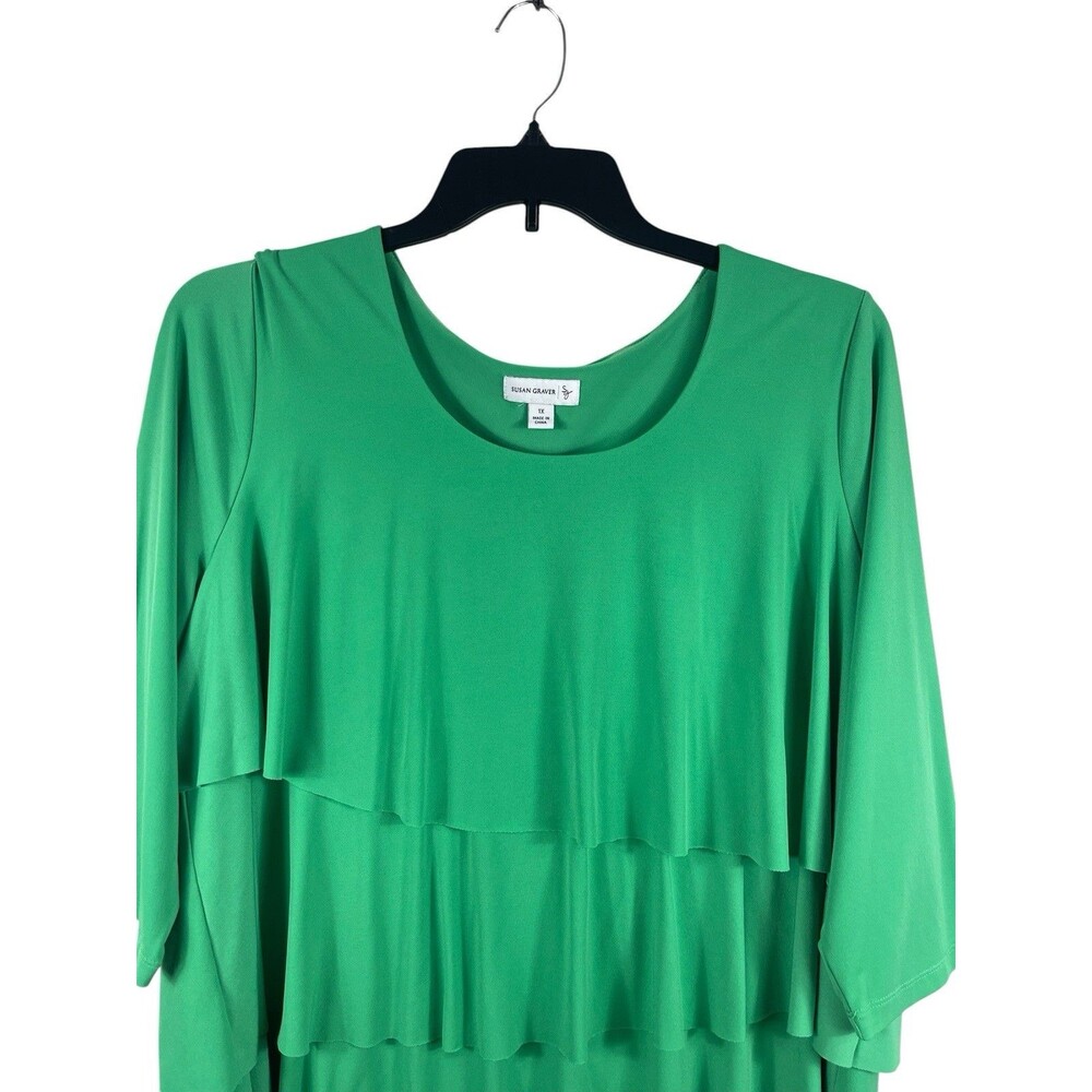 Susan Graver 1X Liquid Knit Tiered Ruffle Top Green Plus Size 3/4 Sleeve Stretch - Picture 2 of 12